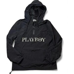 🔥 Playboy Windbreaker Jacket 🐰 Black Hooded Pullover Streetwear Y2K Small